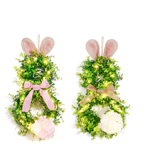 bunny-shaped Easter greenery wreath with lights