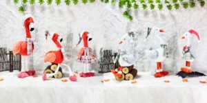 Tropical Christmas mascot decorations featuring flamingo and goose characters