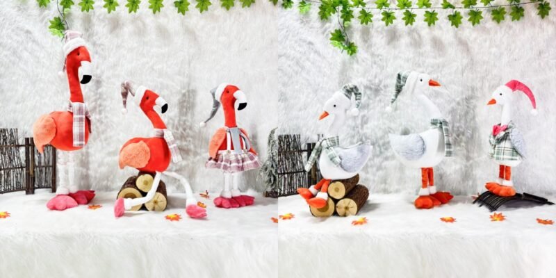 Tropical Christmas mascot decorations featuring flamingo and goose characters