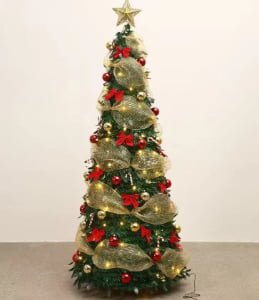 Pre-Decorated Pop-Up Christmas Tree with Lights | Red & Gold Holiday Decor