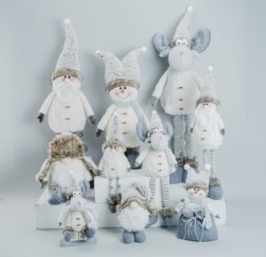 Nordic Neutral Plush Xmas Figurines Wholesale | Grey White Santa Snowman Moose Gnome Decor Set Customizable