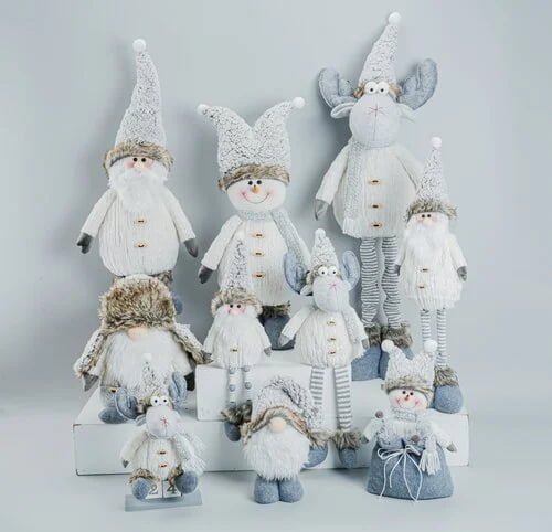 Nordic Neutral Plush Xmas Figurines Wholesale | Grey White Santa Snowman Moose Gnome Decor Set Customizable