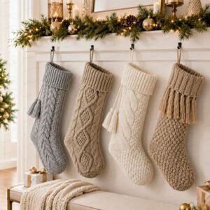 Wholesale Custom Cable Knit Christmas Stockings, Neutral Neutral Boho Knitted Xmas Stockings for Corporate Gifts & Retail