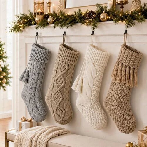 Wholesale Custom Cable Knit Christmas Stockings, Neutral Neutral Boho Knitted Xmas Stockings for Corporate Gifts & Retail