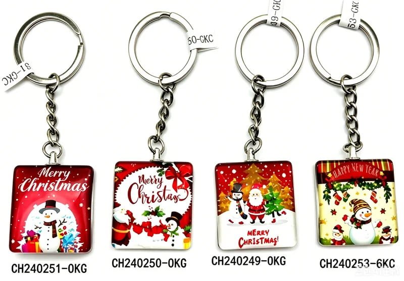 Christmas Keychain Stocking Stuffer Gifts | Round Square Heart Oval Xmas Printed Key Ring Bulk Supply