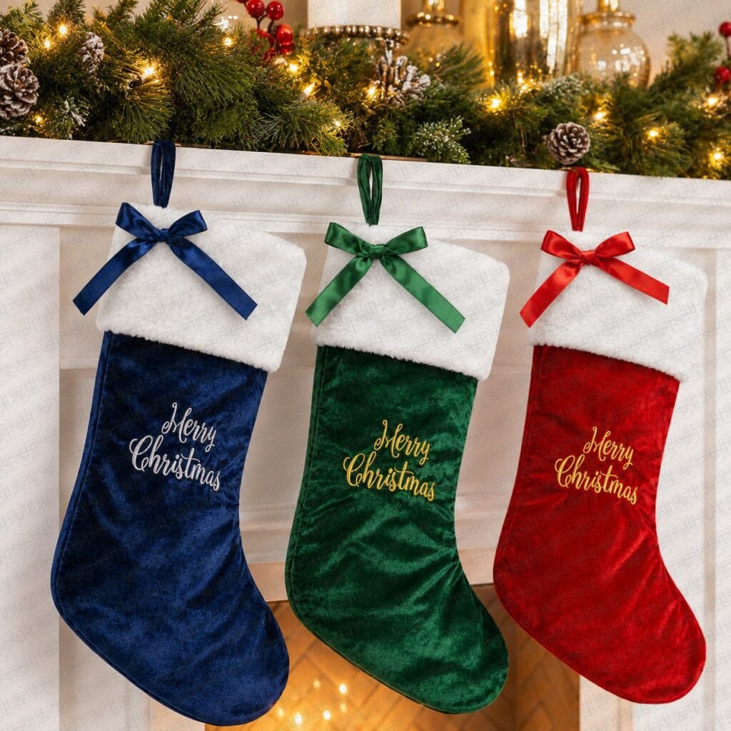 Velvet Bow Embroidered Christmas Stocking