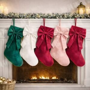 Velvet Christmas Stocking with Oversized Bow, Fireplace Hanging Decoration