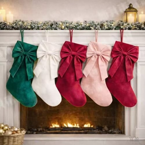 Velvet Christmas Stocking with Oversized Bow, Fireplace Hanging Decoration