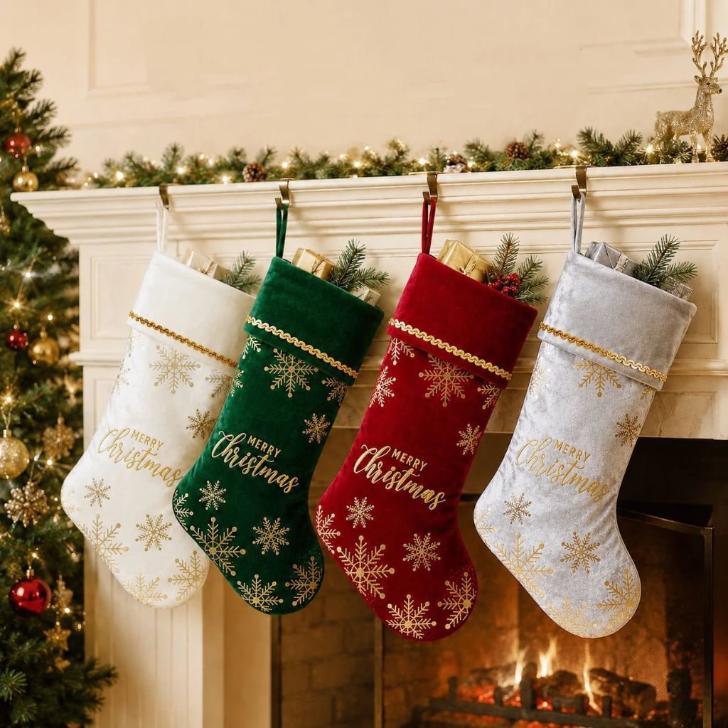 Velvet Christmas Stockings with Gold Snowflake Print & Merry Christmas Embroidery – 4 Colors