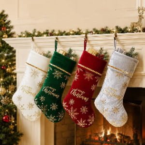 Velvet Christmas Stockings with Gold Snowflake Print & Merry Christmas Embroidery – 4 Colors
